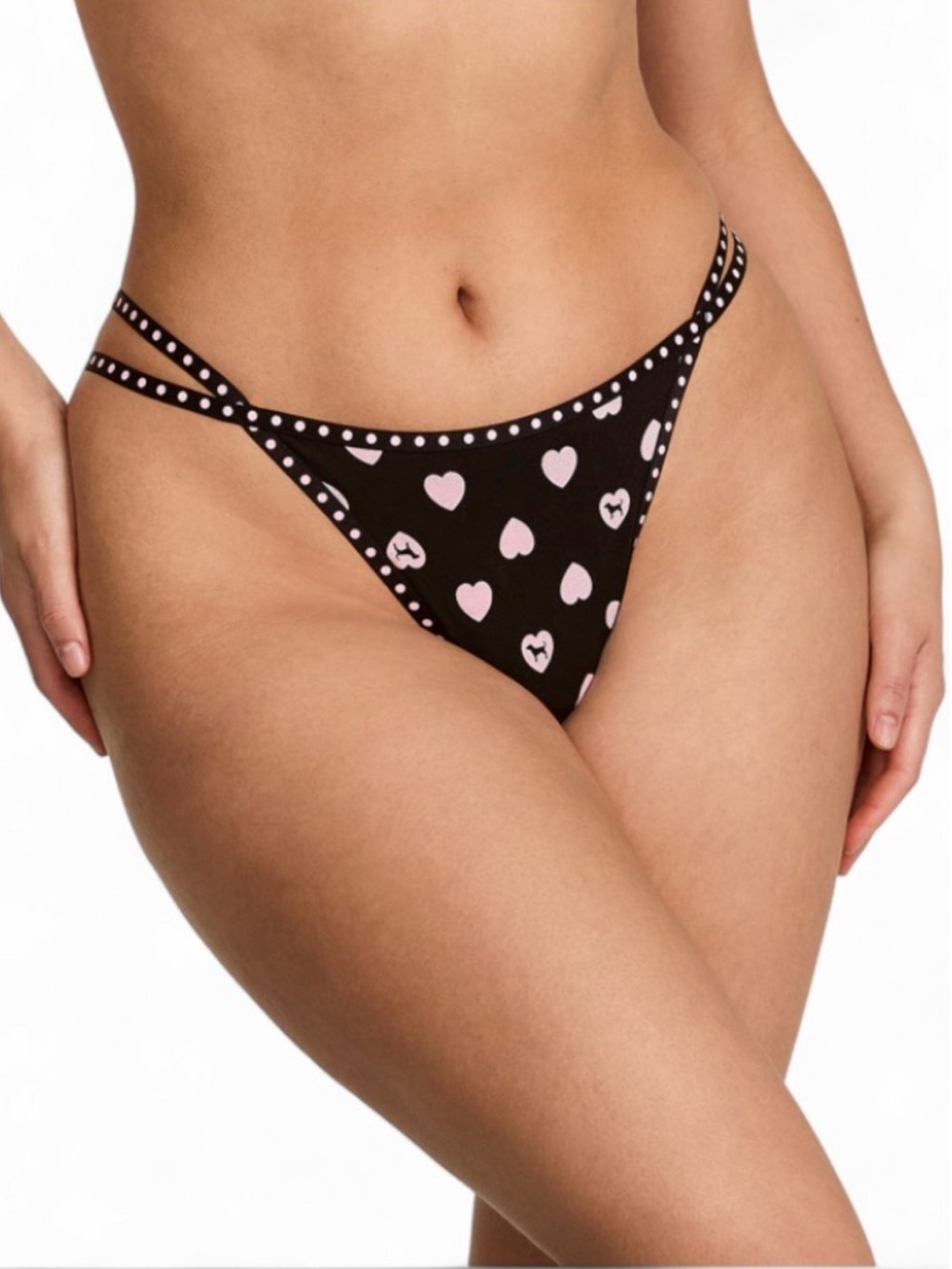 💕 PINK Y2K Polka Dot Double Strapy Thong Black XS Victoria’s Secret NWT